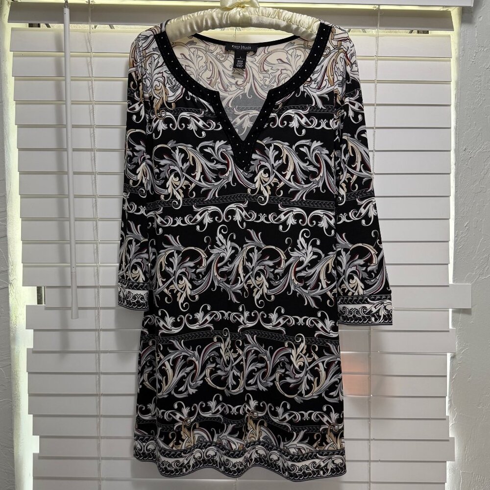 White House Black Market vivid print on black 3/4 sleeve pullover dress: Size  L